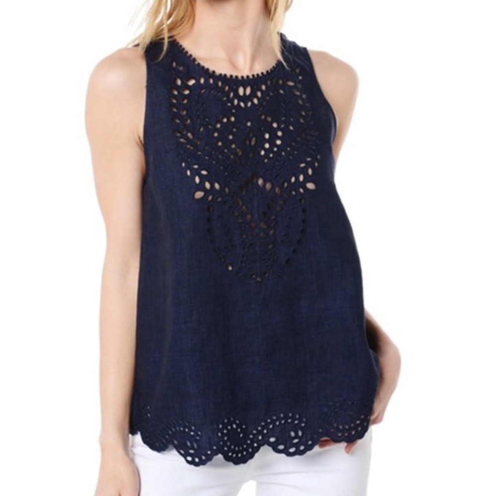 Joie Linen Tank Top Encycllia Blue Scallop Hem - Picture 1 of 8